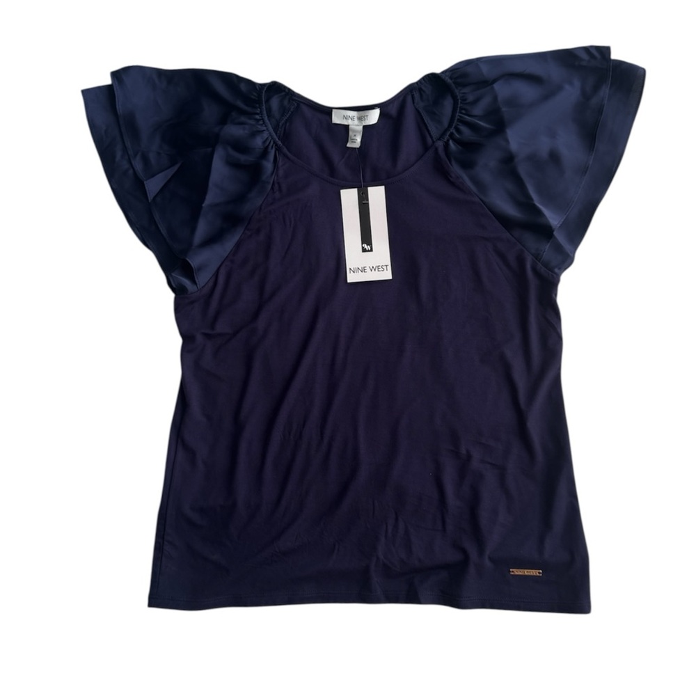 Nine West Navy Satin Flutter Sleeve Tee